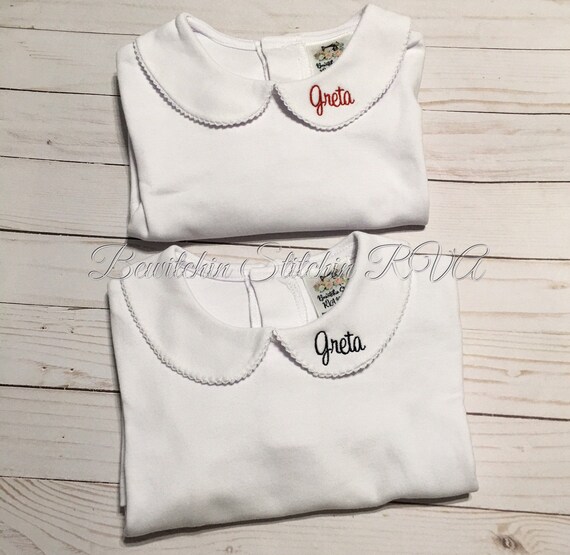 Personalized Peter Pan collar shirt, top, long sleeves, white, babies, toddlers, girls, Lace Trim Collar or Plain Collar, Ships Free