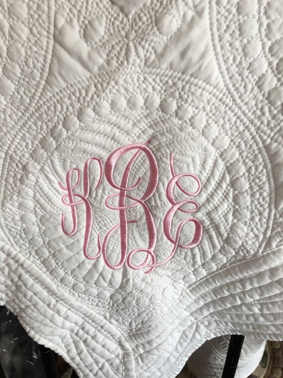 Personalized White Baby Quilt, White Heirloom Quilt, Monogrammed Quilt, White Blanket, Pink, Blue, Teal, Mint, Purple, Gray