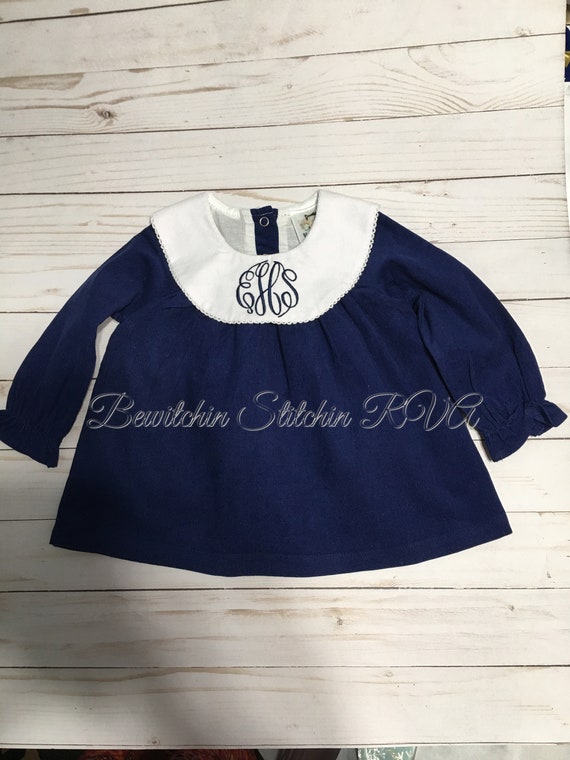 Monogrammed Corduroy Bishop Dress, Knee Length Dress, Girls Navy Christmas Dress, Toddler Bishop Dress, Baby Christmas Dress, Ships Fr