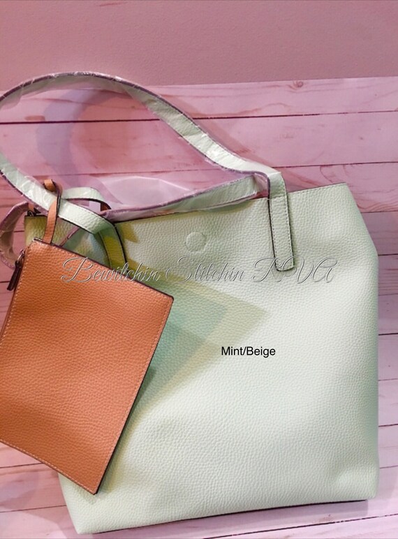 Monogrammed Mint Vegan Leather Tote Bag, Purse, Reversible, Embroidered, Pebble Grained Tote, Microfiber Tote