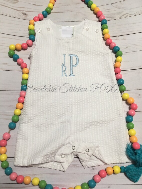 Personalized White Seersucker Shortall, White Seersucker Jon Jon, White Seersucker Ring Bearer Jon Jon, Beach Wedding Shortall, Fully Lined