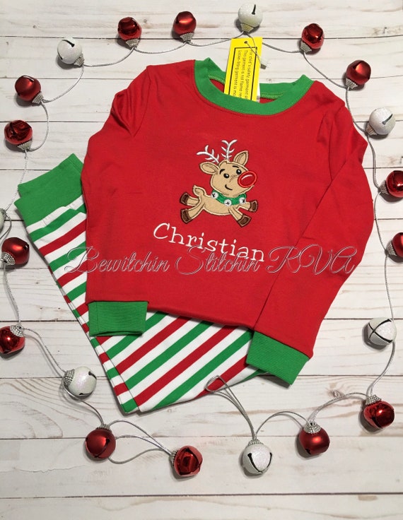 Personalized Christmas Pajamas, Jammies, Kids, Unisex, Toddlers, Girls, Boys, Red/Green/White Stripe, Ready to Ship