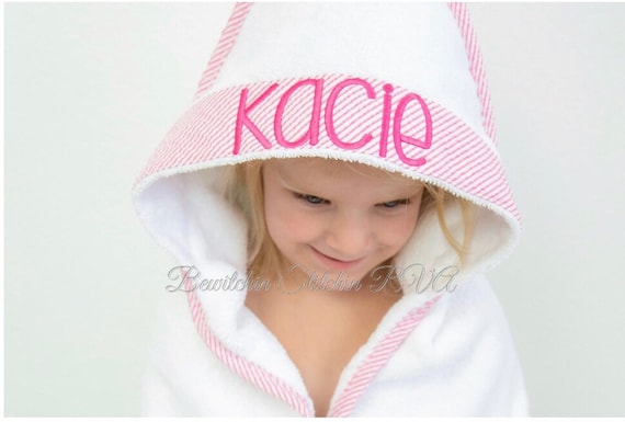 Personalized Hooded Bath Towel, Pink Hooded Bath Towel, Seersucker Trimmed Hooded Towel, Baby Hooded Bath Towel, Toddler Hooded Bath Towel