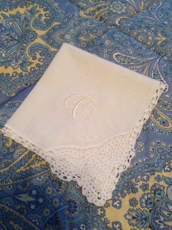 Monogrammed Bridal Handkerchief, Crochet Lace Corner, Embroidered, Personalized