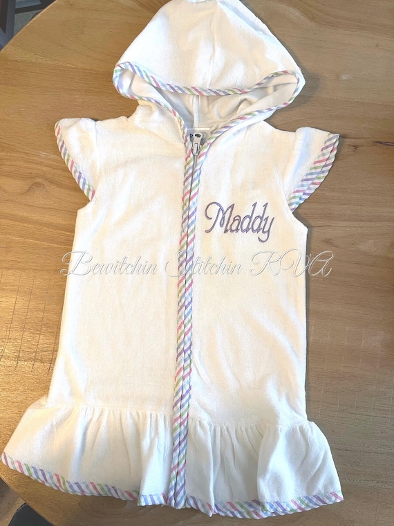 Personalized Girls Swimsuit Cover-Up, Cotton Terry Cloth,White, Pink Trim, Green Trim, Baby, Toddler, Girls