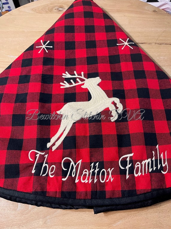 Monogrammed Buffalo Plaid Tree Skirt, Embroidered Tree Skirt, Personalized Buffalo Check Tree Skirt, Red Check Tree Skirt