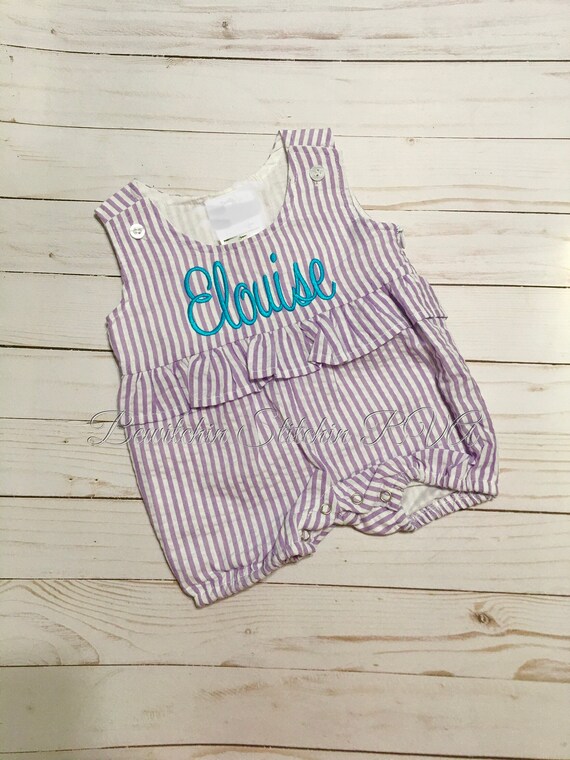 Personalized Girls Purple Ruffled Romper, Seersucker Romper, Seersucker Sunsuit,Baby, Toddler, Pink, Lavender, Navy, Green, Red, SHIPS FREE