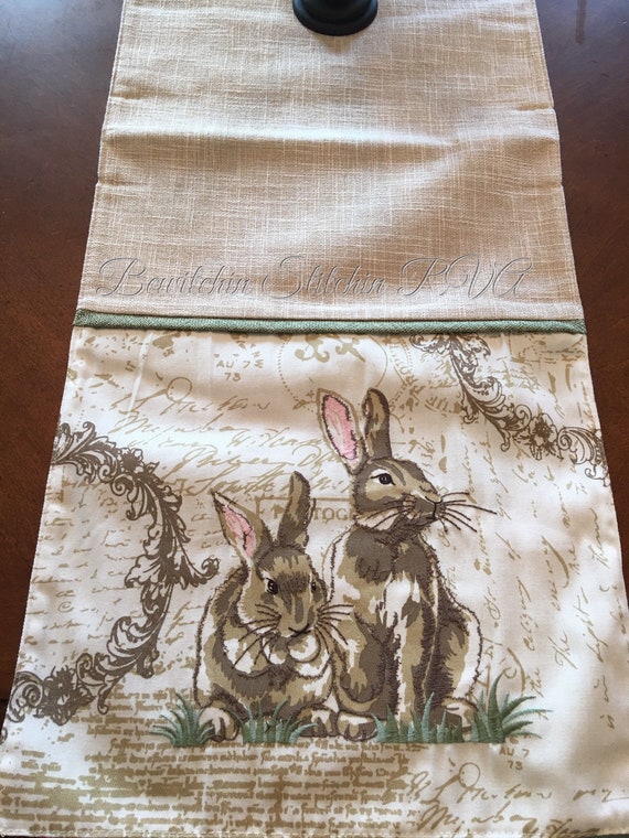 Personalized Vintage Rabbit Table Runner, Easter Bunny Table Runner, French Bunny Rabbit Table Runner, Farmhouse Easter Table Runner