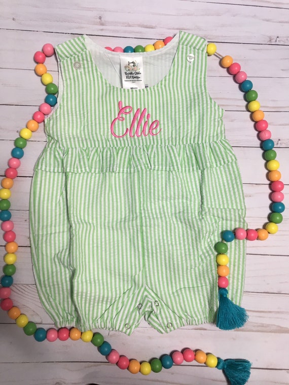 Personalized Girls Green Seersucker Sunsuit, Seersucker Romper, Bubble Romper, Toddler, Pink, Lavender, Navy, Aqua, Red, SHIPS FREE