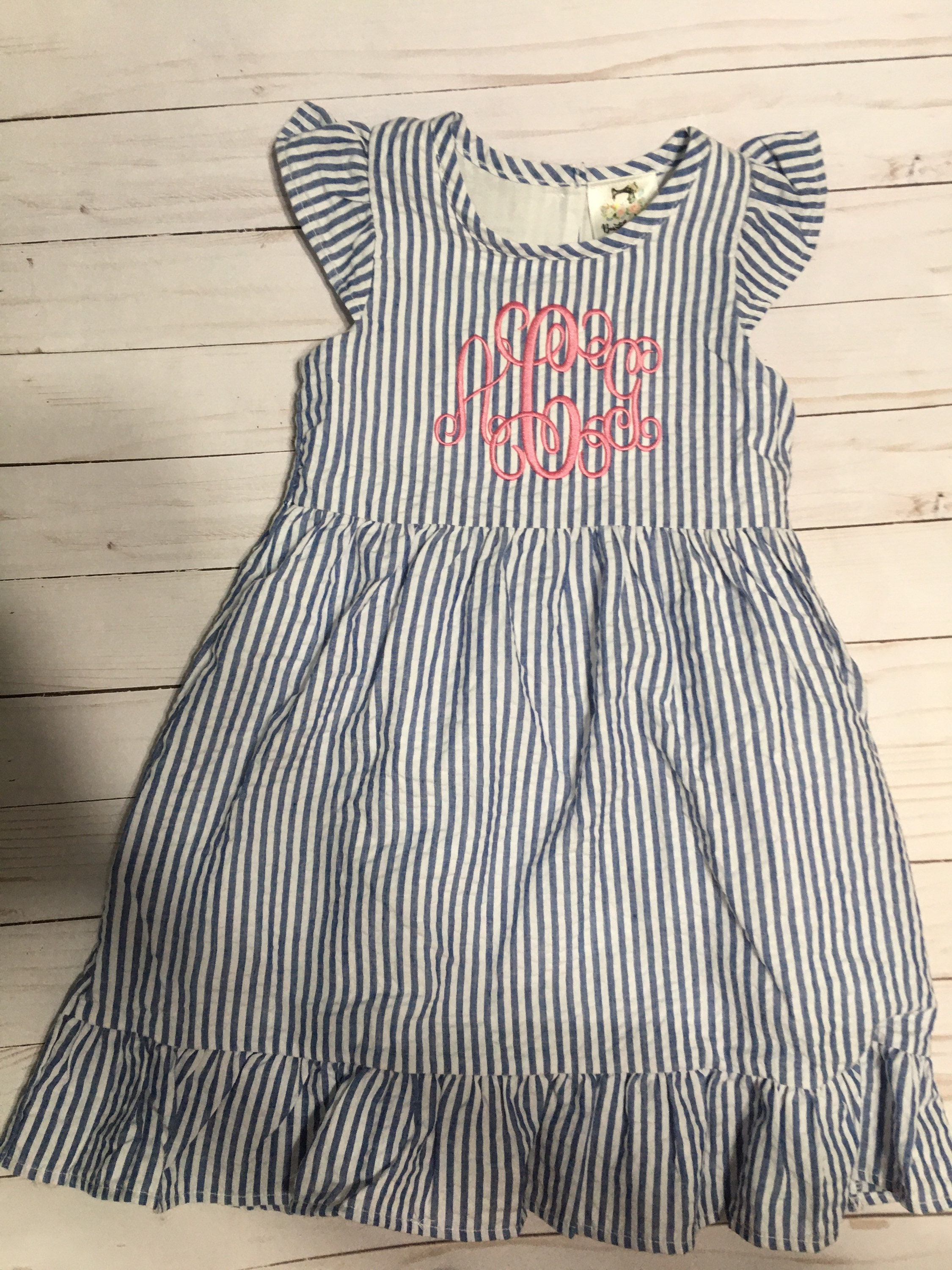 Monogram Dress Navy Seersucker Stripe Custom Monogram Dress 