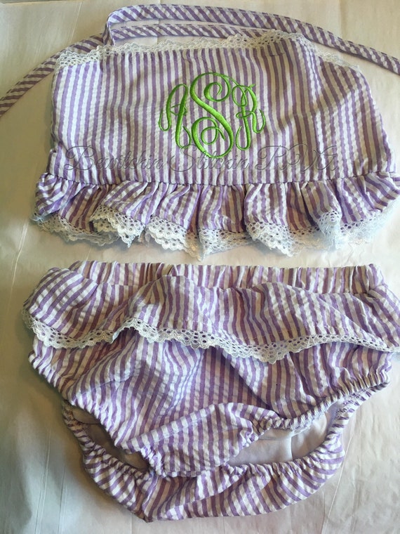 Monogrammed Purple Seersucker Bikini, Girls Bikini Swimsuit, Toddlers, Babies, Green, Lavender, aqua, Striped, Ruffled