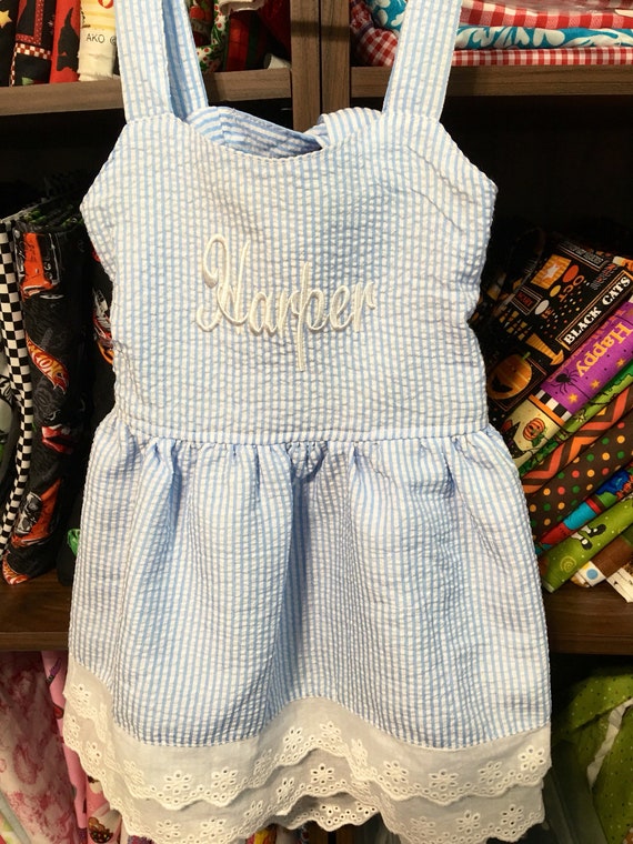 Personalized Seersucker Easter Sundress, Girls Sundress, Seersucker Dress, Toddler Sundress, Pink Seersucker Dress, Blue Seersucker Dress