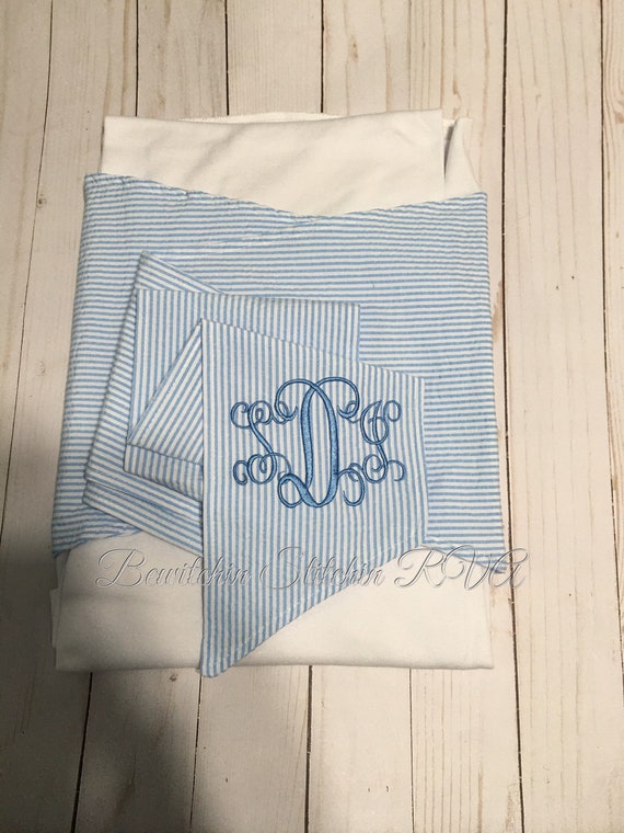 Personalized Baby Swaddling Blanket With Blue Seersucker Sash, Baby Swaddle Blanket, Baby Bundling Blanket with Bow