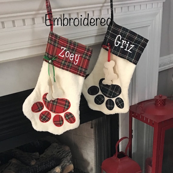 Monogrammed Paw Shape Christmas Stockings, Jingle Bell Sherpa Pet Stocking, Dog Stocking, Cat Stoacking, Embroidered