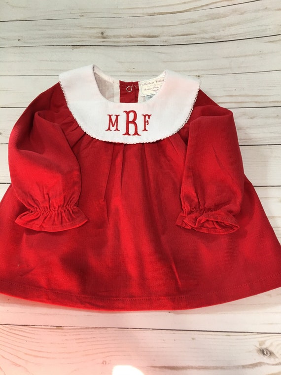 Monogrammed Corduroy Bishop Dress, Knee Length Dress, Girls Red Christmas Dress, Toddler Bishop Dress, Baby Christmas Dress, Ships Free