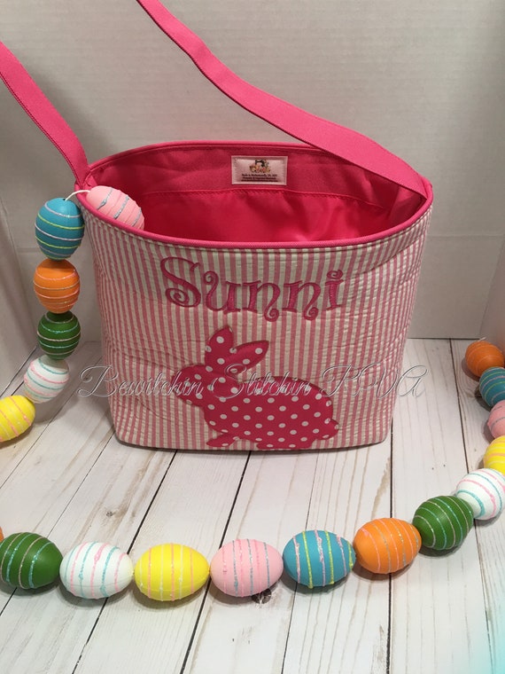 Monogrammed Pink Seersucker Easter Bunny Basket, Bunny Applique Easter Basket,Easter Bunny Tote,Easter Bunny Bucket, Embroidered NOT VINYL