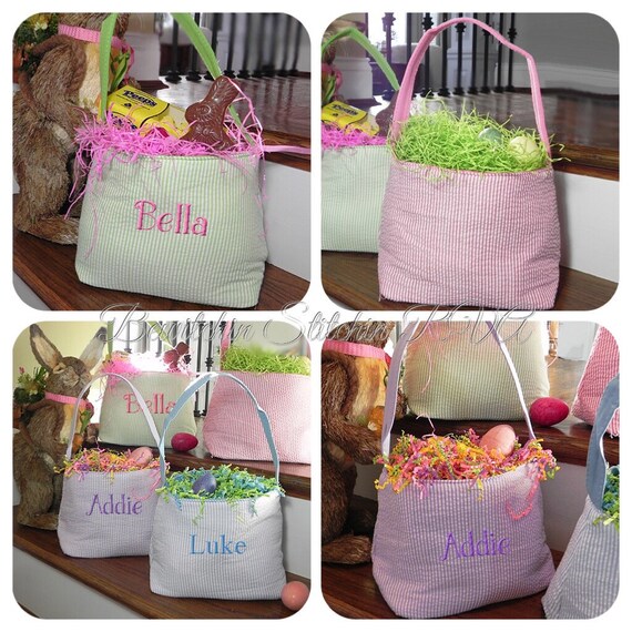 Personalized Green Seersucker Basket, Seersucker Easter Bucket, Seersucker Easter Egg Tote, Embroidered, NOT VINYL