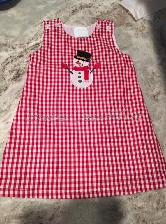 Personalized Snowman Gingham Jumper Dress, Red Gingham Dress, Girls Gingham Dress, Babies, Toddlers, Girls, navy, red, green