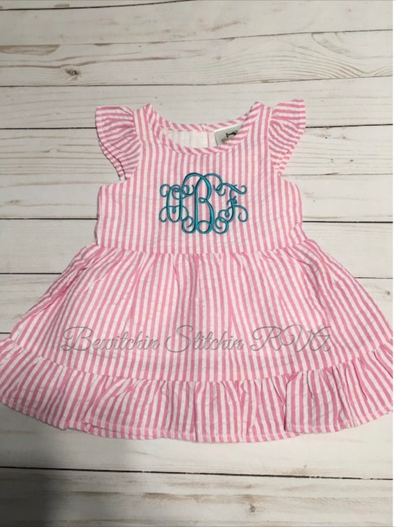 Monogrammed Girls Pink Seersucker Dress, Fully Lined Seersucker Dress, Baby Dress, Toddler Dress, Red, Navy, Lt Blue, Purple, Aqua, Green