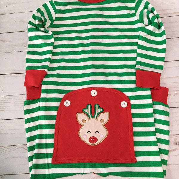 Monogrammed Faux Back Flap Christmas Pajamas, Unisex Kids Christmas PJs, Snug Fit One Piece Jammies, Legs and Arms w Cuffs, Snug Fit pajamas