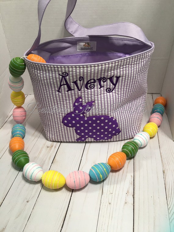 Personalized Purple Seersucker Easter Basket, Bunny Applique Easter Basket, Easter Bunny Tote, Easter Bunny Bucket, Embroidered, NOT VINYL