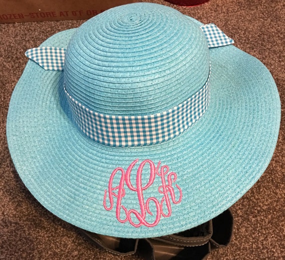 Monogrammed Kids Aqua Floppy Straw Hat, Girls Aqua Straw Hat, Beach Hat, Ivory, Pink, Hot Pink, Lavender, Aqua, Navy, Coral