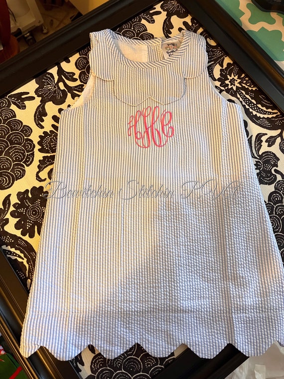 Monogrammed Scalloped Easter Seersucker Dress, Toddlers, Girls, Pink, Purple, Blue, Green, Personalized, Ships Free