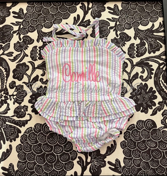 Personalized Toddler Seersucker Swimsuit, Toddler Pastel Seersucker Swimsuit, Baby Seersucker Swimsuit, One Piece Swimsuit