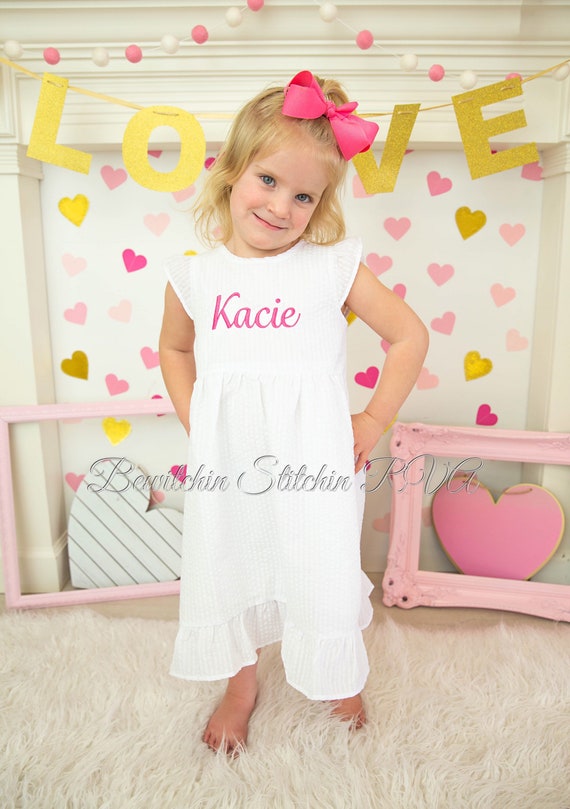 Personalized White Girls Seersucker Dress, Flower Girl Dress, Beach Wedding Toddler Dress, Baptism Dress, First Communion Dress