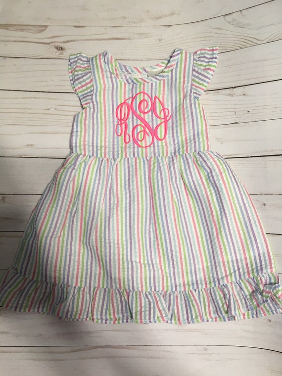 Personalized Rainbow Striped Girls Seersucker Dress, Girls Easter Dress, Toddler Seersucker Dress, Baby Seersucker Dress, Easter Dress