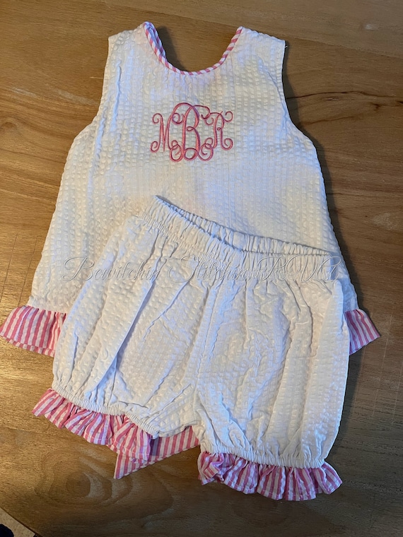 Personalized Aqua Seersucker Swing Back Top & Bloomer Set, Toddler Girls Shorts Set, Baby Girls Seersucker Bow Back Set