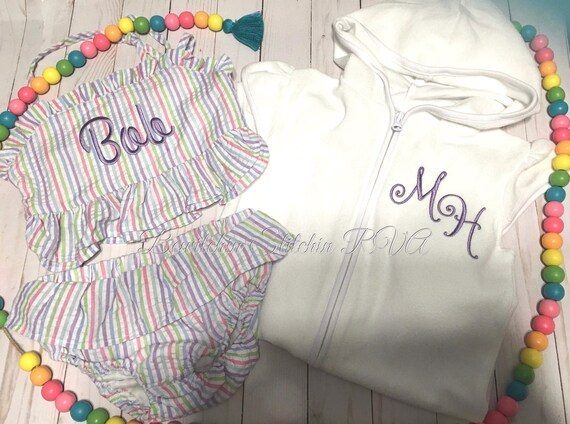 Girls Personalized Pastel Striped Seersucker Bikini, Toddler Pastel Multi Stripe Bikini, Monogrammed Seersucker Bikini