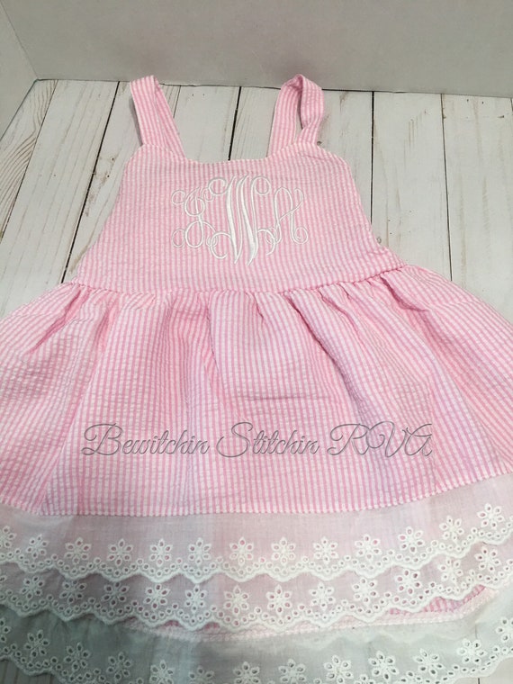 Monogrammed Seersucker Sundress, Girls Sundress, Seersucker Dress, Toddler Sundress, Pink Seersucker Dress, Blue Seersucker Dress