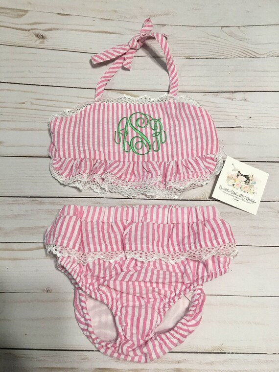 Green Seersucker Bikini Swimsuit, Girls, Toddlers, Babies, Pink, Green, Lavender, aqua, Striped, Ruffled