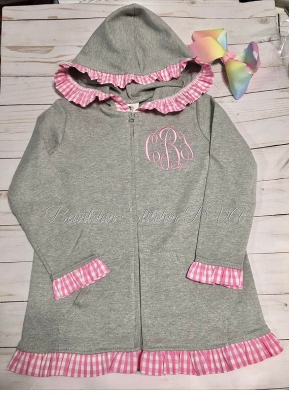 Personalized Baby Zip Front Hooded Jacket, Cotton Knit Ruffled Hooded Jacket,  Hooded Jacket with Ruffled Gingham Trim