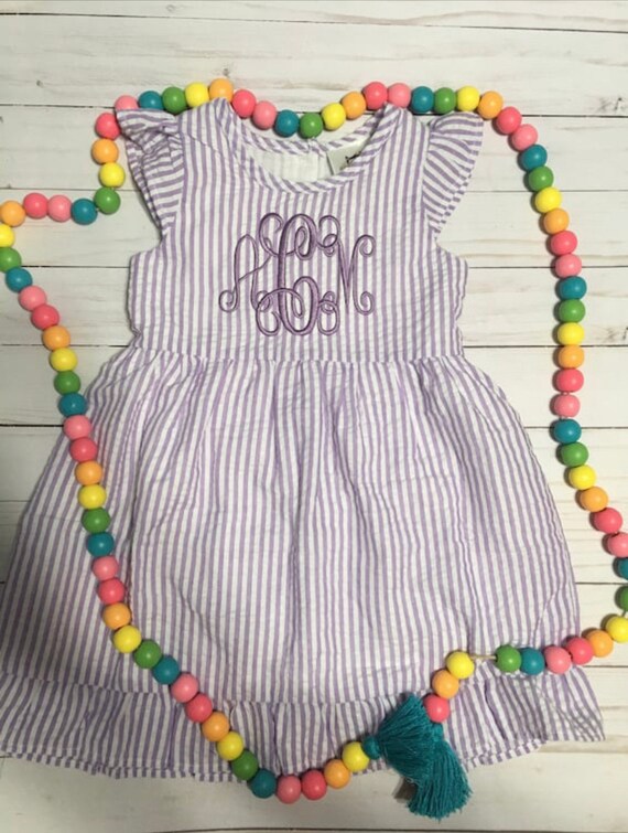 Monogrammed Girls Lavender Seersucker Dress, Fully Lined Seersucker Dress, Baby Dress, Toddler Dress, Pink, Red, Navy, Lt Blue, Aqua, Green