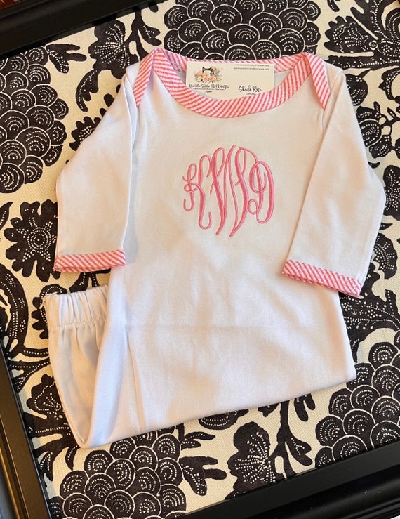 Personalized Cotton Infant Gown with Seersucker Trim, Seersucker Trim Infant Gown, Pink, Green, Blue Trim Gown