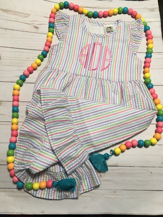 Personalized Pastel Stripe Seersucker Dress, Girls Easter Dress, Toddler Seersucker Dress, Baby Seersucker Dress, Easter Dress