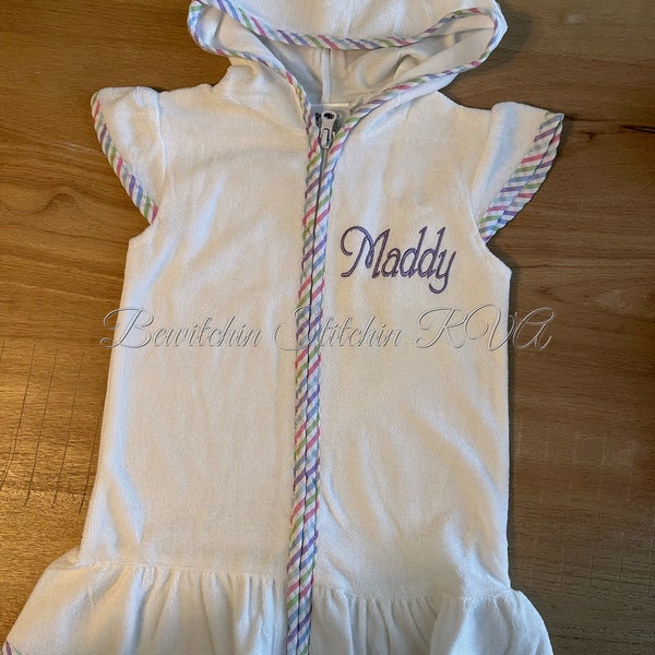 Personalized Girls Swimsuit Cover-Up, Cotton Terry Cloth,White, Pink Trim, Green Trim, Baby, Toddler, Girls