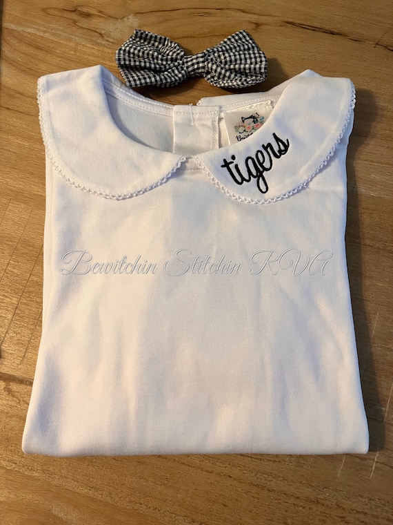 Personalized Peter Pan collar shirt, top, long sleeves, white, babies, toddlers, girls, Lace Trim Collar or Plain Collar, Ships Free