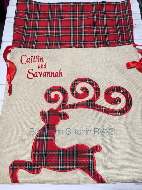 Personalized Santa Bag, Santa Present Bag, Santa Bag, Christmas Sack, Santa, Reindeer, Jute/Linen, EMBROIDERED, NOT VINYL