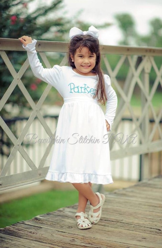 Personalized Girls White Dress, Toddler White Dress, Knit White Dress, Long Sleeve White Dress, Monogrammed White Dress