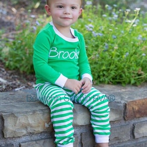 Personalized Child Christmas Pajamas, Kids Christmas Pajamas, Jammies, Girls Pajamas, Boys Pajamas, Green and White Stripe, CLEARANCE image 1