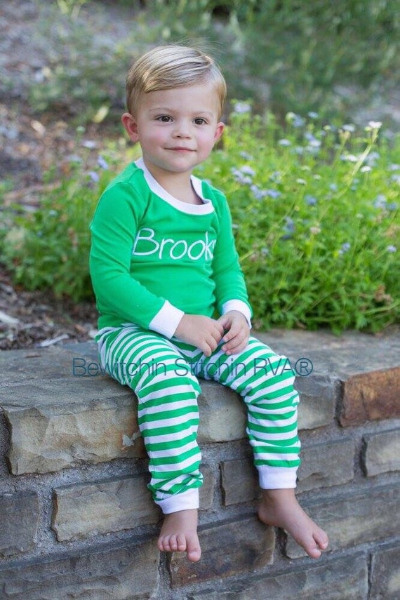 Personalized Pajamas, Boys Pajamas, Unisex Jammies, Kids Pajamas, Green and White Stripe, CLEARANCE