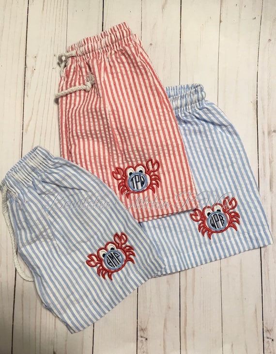 Monogrammed Swim Trunks, Crab, Applique, gSwimsuit, Seersucker, Baby, Toddler, Boys, Red, Light Blue, Green, Navy