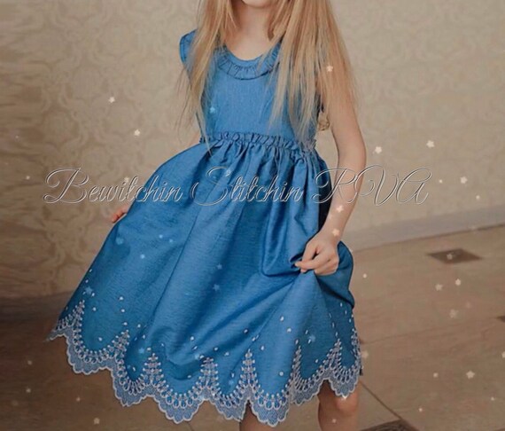 Girls Personalized Blue Dress, Blue Chambray Dress, Embroidered Hem Dress, Monogrammed Dress