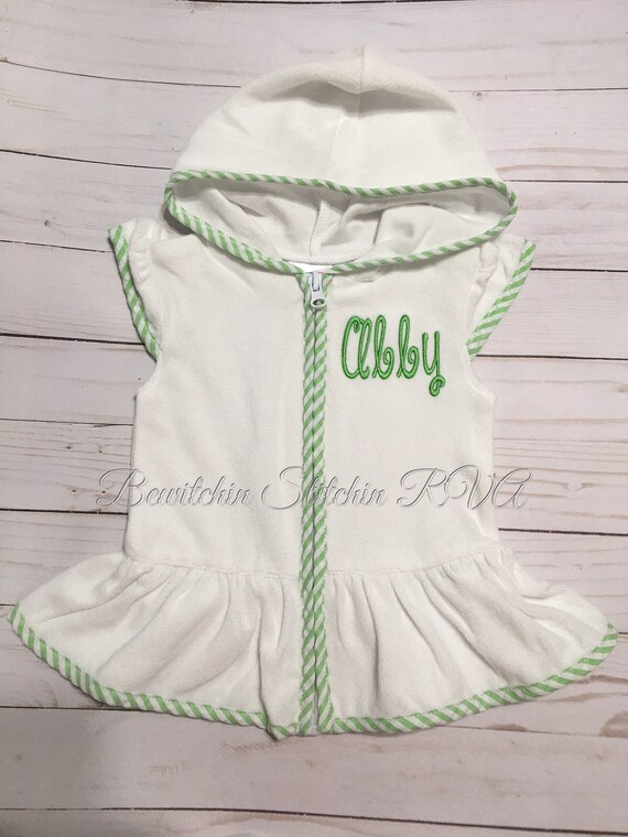 Personalized Girls Swimsuit Cover-Up, Cotton Terry Cloth,White, Pink Trim, Green Trim, Baby, Toddler, Girls