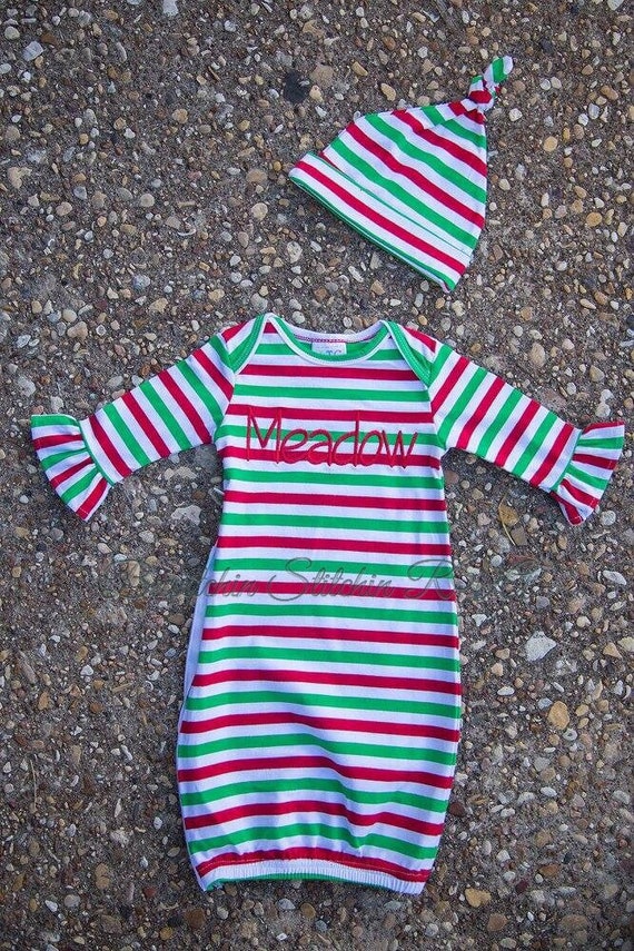 Personalized Girls Christmas Infant Gown and Matching Hat Set, Striped Christmas Sack Gown, Buffalo Check Baby Gown, FREE HAT