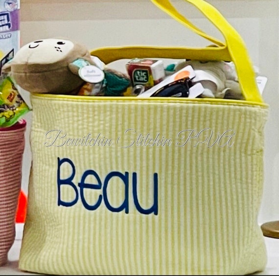 Personalized Yellow Seersucker Basket, Seersucker Easter Bucket, Seersucker Easter Egg Tote, Embroidered, NOT VINYL