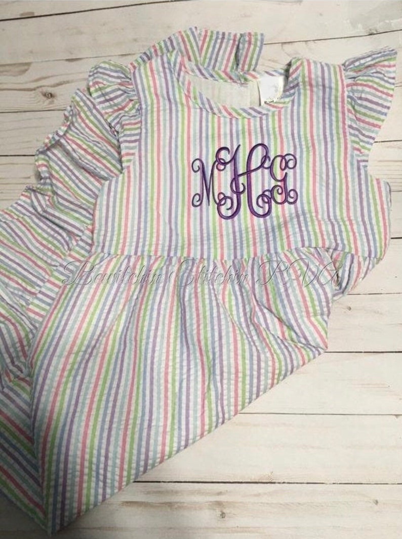 Personalized Pastel Stripe Seersucker Dress, Girls Easter Dress, Toddler Seersucker Dress, Baby Seersucker Dress, Easter Dress image 2